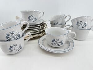 Covington Avondale Blue Floral Stoneware Cups And Saucers Set Of 8 Vintage Japan